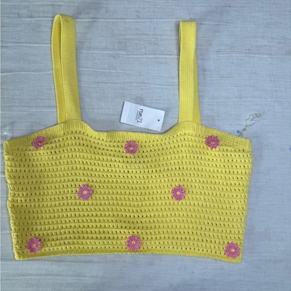 Sunny Yellow Crochet Top with Pink Floral Accents